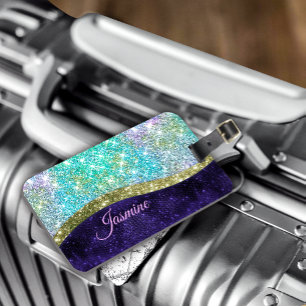 Étiquette À Bagage Chic irisé violet bleu faux parties scintillant mo