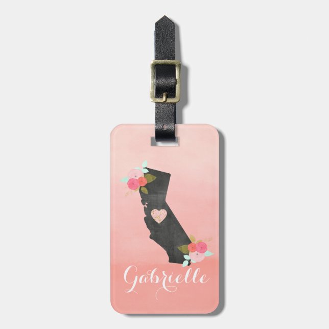 Étiquette À Bagage Chic Monogram California State & Moveable Heart (Devant Vertical)