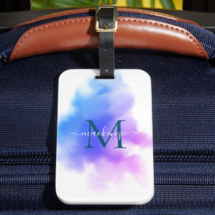 Étiquette À Bagage Chic Ombre bleu rose aquarelle Monogramme