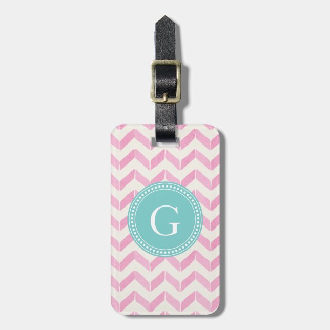 Étiquette À Bagage Chic Pastel rose et menthe Chevron Personnalisé Mo (Devant Vertical)