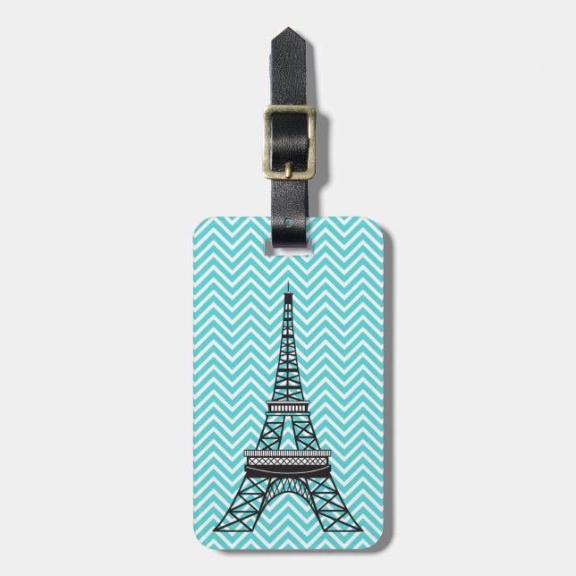 Étiquette À Bagage Chic personnalisé Paris Tour Eiffel Bleu Chevron (Devant Vertical)