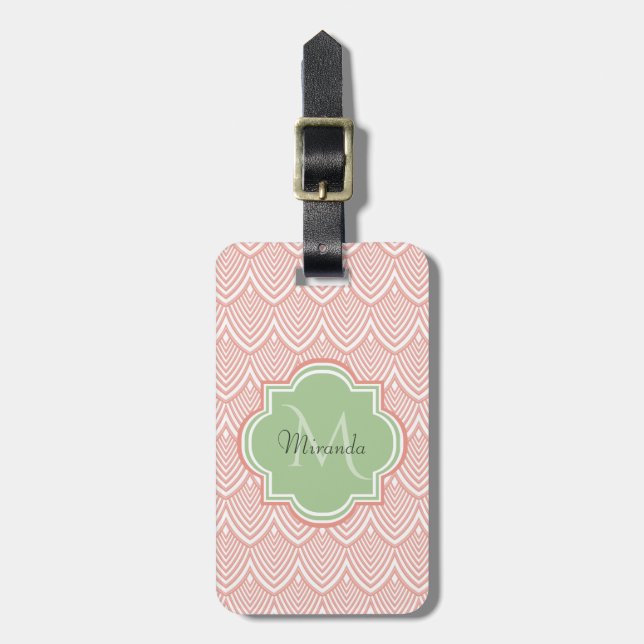 Étiquette À Bagage Chic Pink Arched Scallops Soft Green Monogramme No (Devant Vertical)