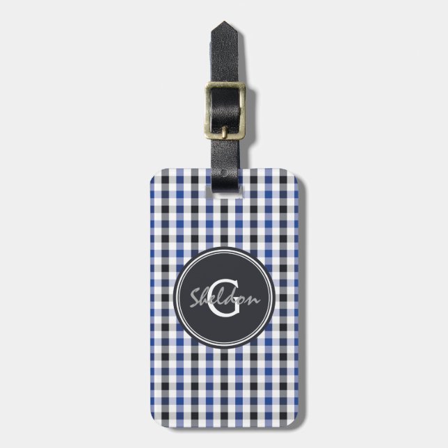 Étiquette À Bagage chic preppy bleu noir en vichy motif monogramme (Devant Vertical)