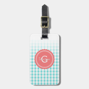 Étiquette À Bagage chic preppy turquoise en vichy motif monogramme