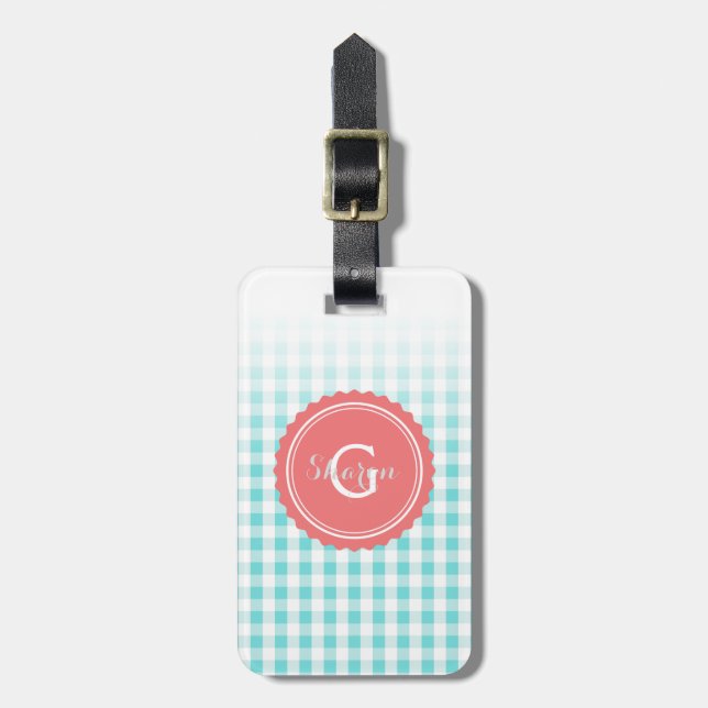 Étiquette À Bagage chic preppy turquoise en vichy motif monogramme (Devant Vertical)