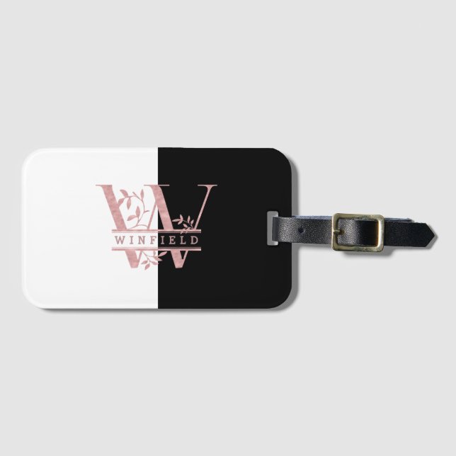 Étiquette À Bagage Chic Rose Gold Split Monogramme personnalisé W (Devant Horizontal)