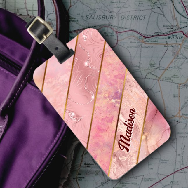 Étiquette À Bagage Chic rose or girly élégante géométrique (Créateur téléchargé)