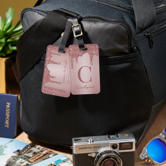 Étiquette À Bagage Chic Rose Parties scintillant or  Monogramme (Recto & Verso)