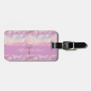 Étiquette À Bagage Chic rose violet or Agate Géode Monogramme