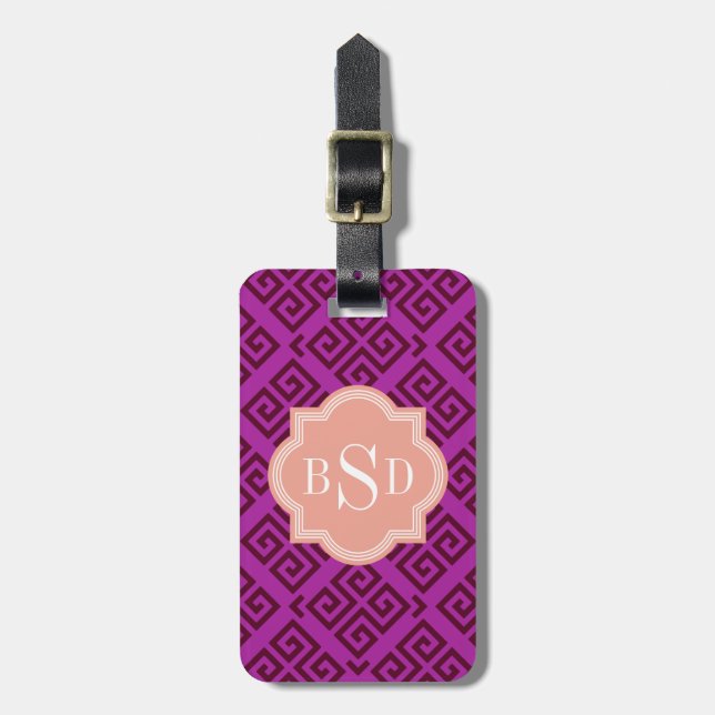Étiquette À Bagage Chic violet girly grec clé motifs monogramme (Devant Vertical)