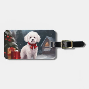 Étiquette À Bagage Chien Bichon Frise dans la neige de Noël
