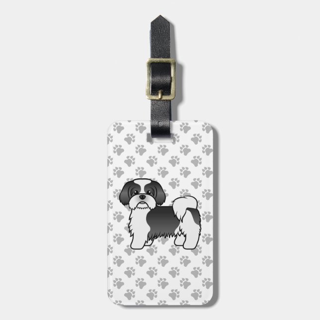 Étiquette À Bagage Chien de caricature Chiite Noir Et Blanc Et Texte  (Devant Vertical)