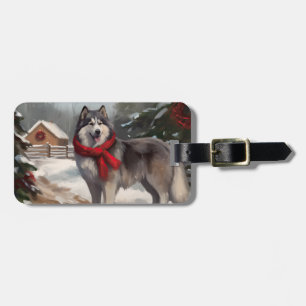 Étiquette À Bagage Chien malamué de l'Alaska en Noël de neige