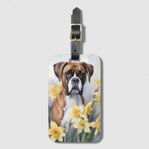 Étiquette À Bagage Chien mignon De Boxe Avec Daffodiles Jaunes Aquare