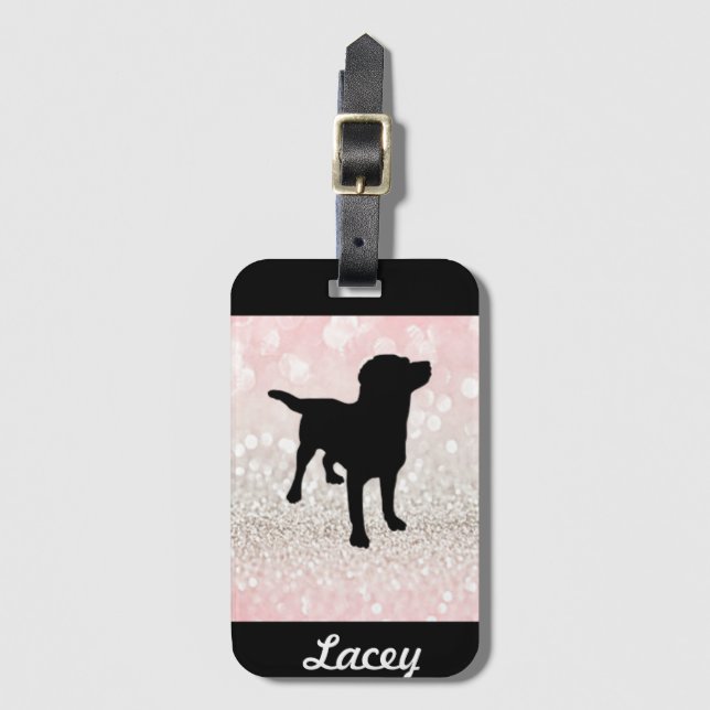 Étiquette À Bagage Chien noir rose et blanc Parties scintillant étinc (Devant Vertical)