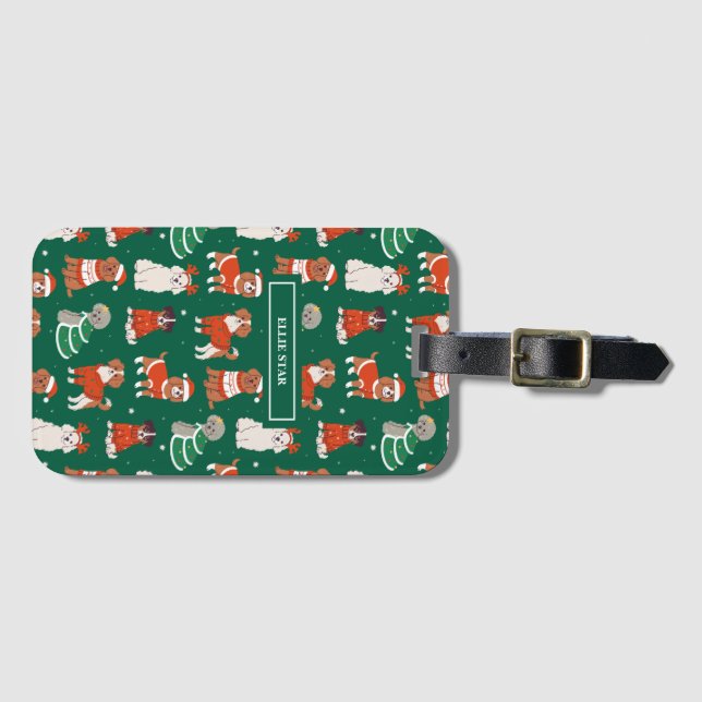 Étiquette À Bagage Chiens de Noël verts personnalisés (Devant Horizontal)