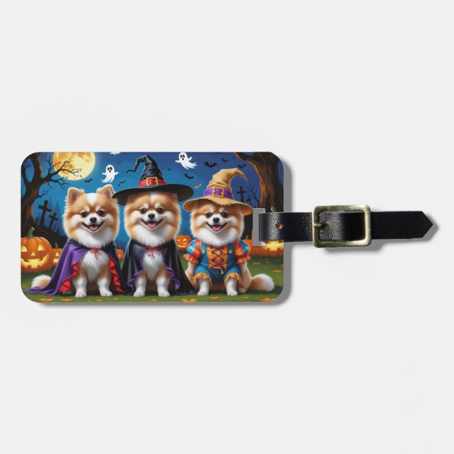 Étiquette À Bagage Chiens de Poméranie Citrouille Halloween Funny (Devant horizontal)