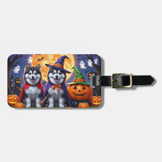 Étiquette À Bagage Chiens malamuts de l'Alaska Citrouille Halloween d (Devant horizontal)