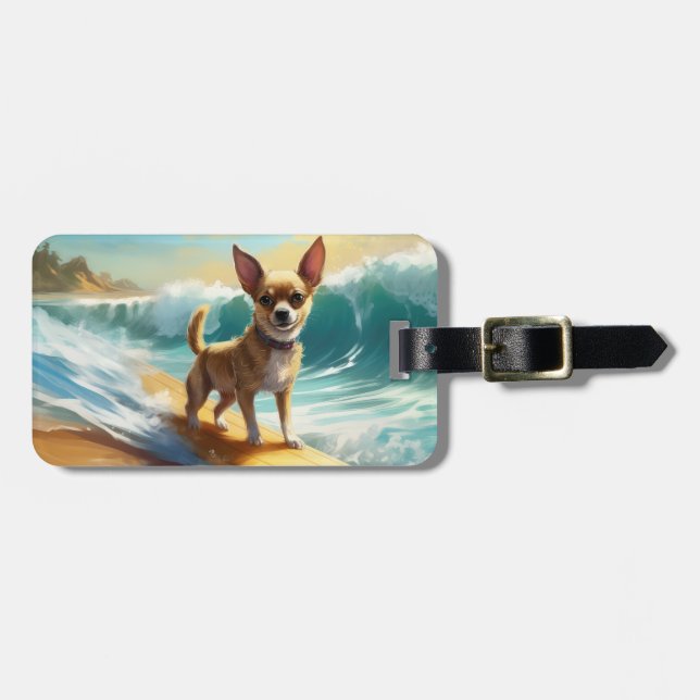 Étiquette À Bagage Chihuahua Beach Surf Peinture (Devant horizontal)