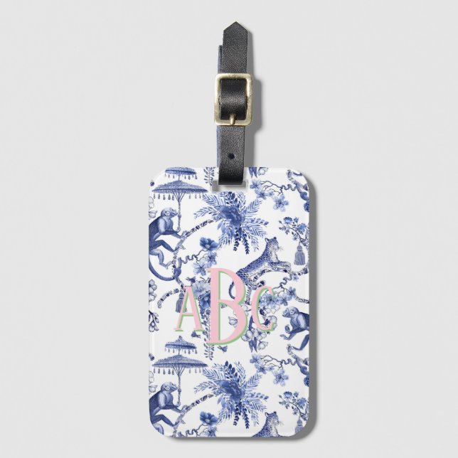 Étiquette À Bagage Chinoiserie Jungle Toile | Monogramme bleu et blan (Devant Vertical)