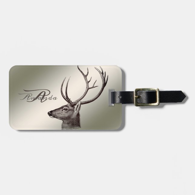 Étiquette À Bagage Christmas Monogram Floral Reindeer Golden Winter (Devant horizontal)