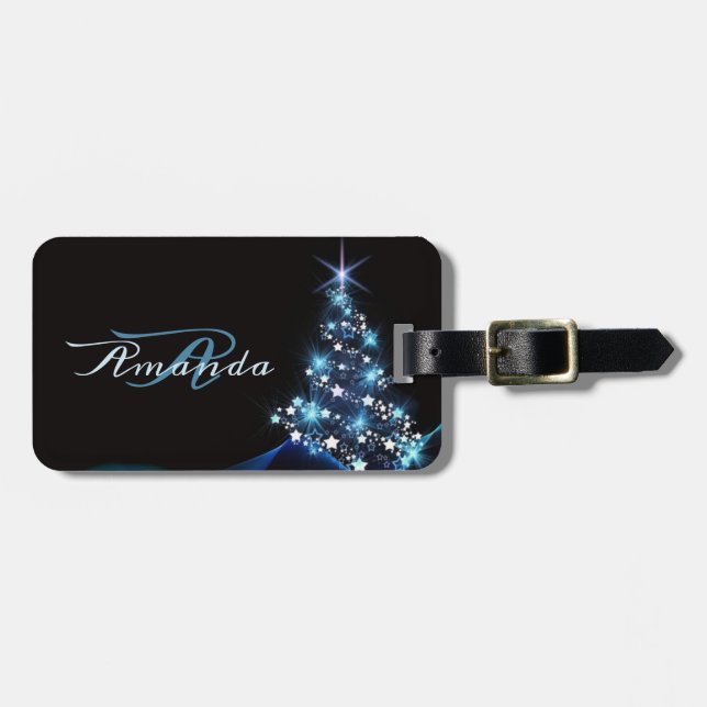 Étiquette À Bagage Christmas Party Blue Tree Shiny Black Elegant (Devant horizontal)