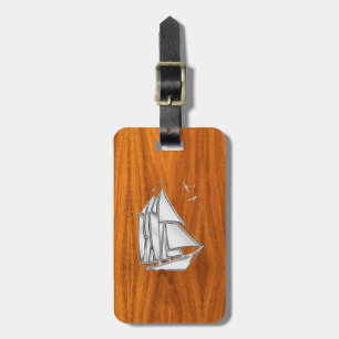 Étiquette À Bagage Chromes Silver like Sailboat on Teak Veneer