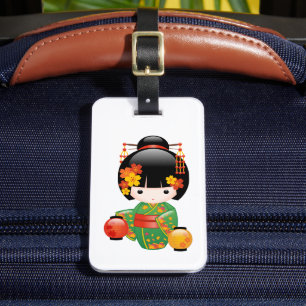 Étiquette À Bagage Chute Poupée Kokeshi - Green Kimono Geisha Girl