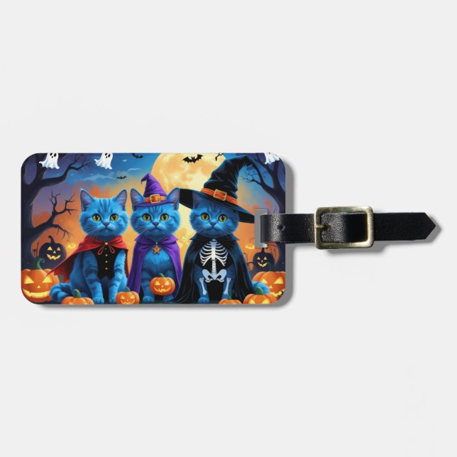 Étiquette À Bagage Citrouille russe Blue Cats Halloween drôle (Devant horizontal)