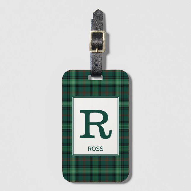 Étiquette À Bagage Clan Ross Chasse Tartan Green Plaid Monogramme (Devant Vertical)
