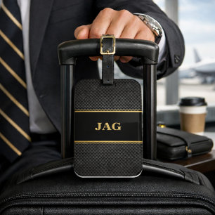 Étiquette À Bagage Classe Carbone Noir et Or Monogrammé