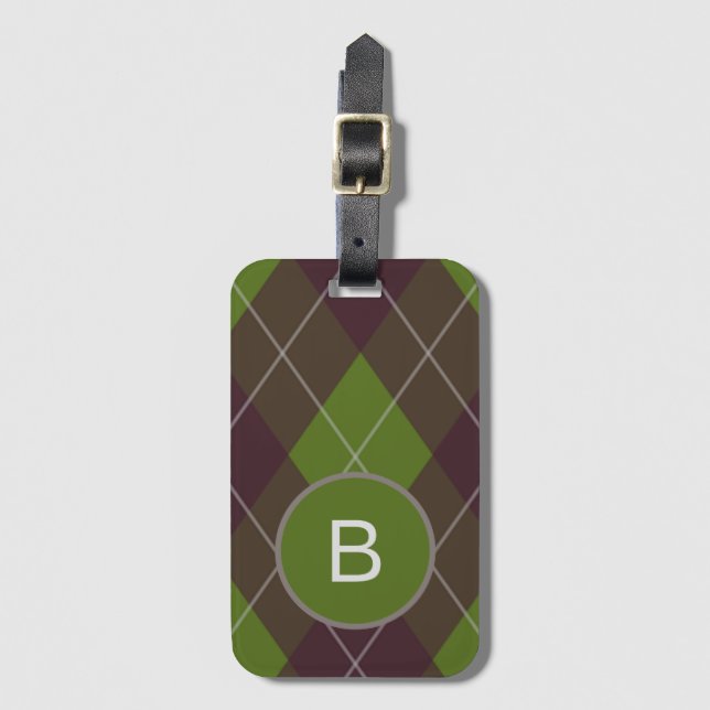 Étiquette À Bagage Classic Dark Green Argyle Pattern Monogram (Devant Vertical)