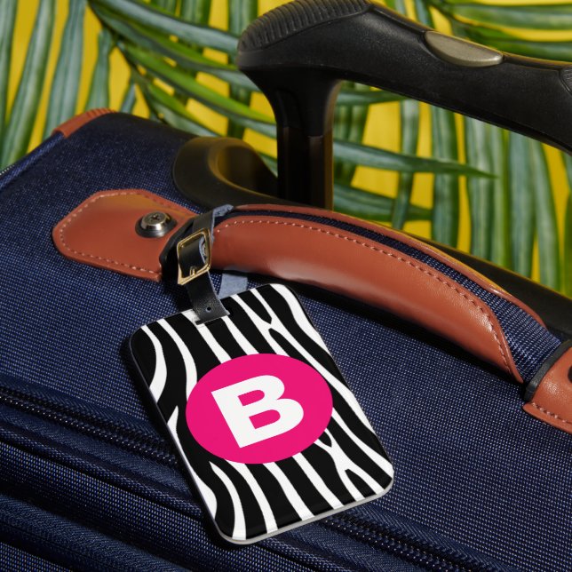 Étiquette À Bagage Classic Zebra Stripes Bright Pink Monogram (Insitu Rectoal 1)