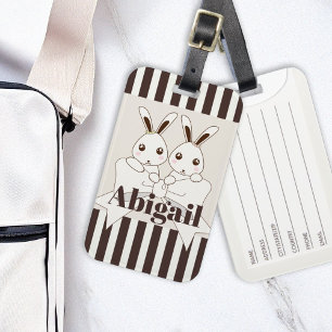Étiquette À Bagage Classique Moderne Stripe Cute Twin Bunny Enfants