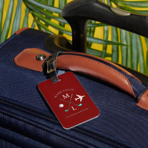Étiquette À Bagage Club de golf élégant Monogramme rouge foncé
