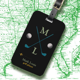 Étiquette À Bagage Clubs de golf et balles sur Monogramme noir