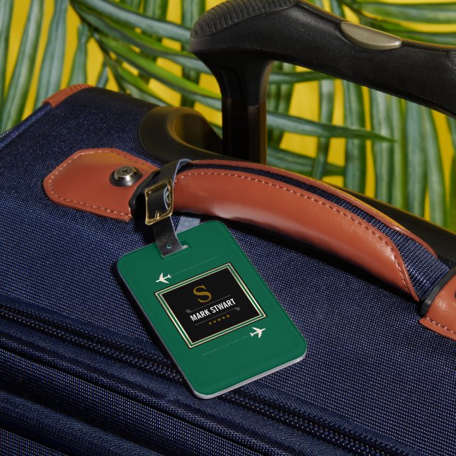 Étiquette À Bagage Clubs de golf, Nom & Initiale sur vert monogrammé (Insitu Rectoal 1)