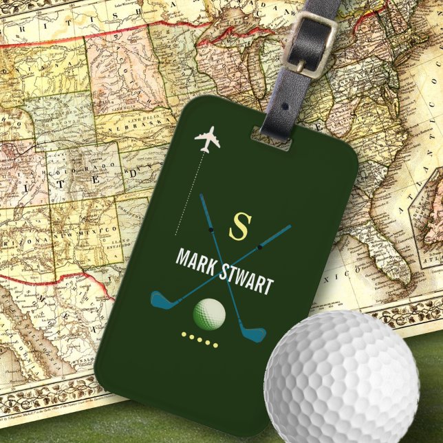 Étiquette À Bagage Clubs de golf, nom + initiale sur vert monogrammé (Créateur téléchargé)