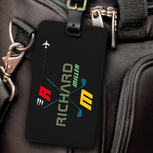 Étiquette À Bagage clubs de golf, nom & initiales sur noir monogramme