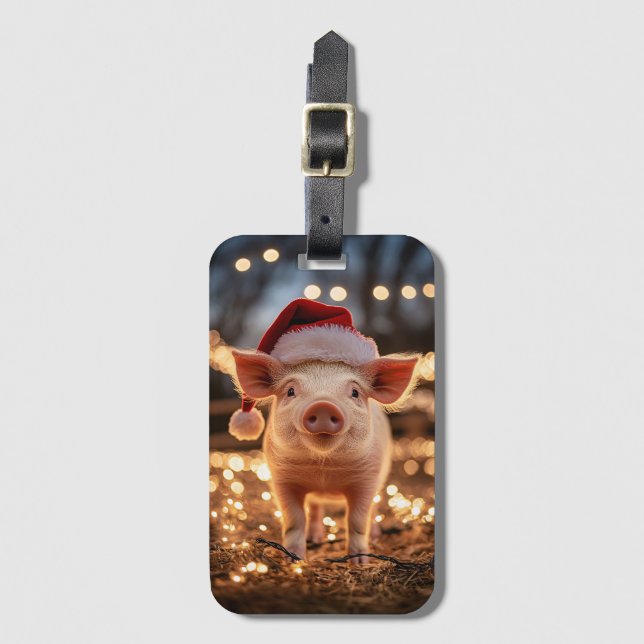 Étiquette À Bagage Cochon dans un chapeau de Père Noël (Devant Vertical)