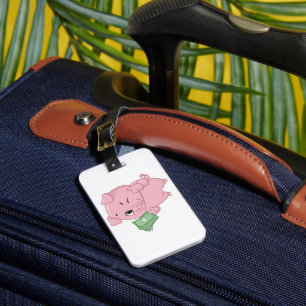 Étiquette À Bagage Cochon Rose Tenant de l'Argent Faisant un Pouce en