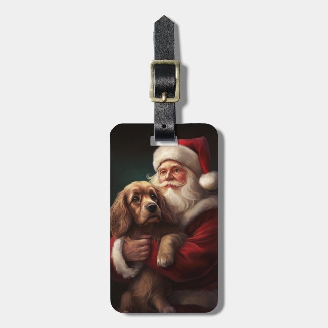 Étiquette À Bagage Cocker Spaniel avec Noël Festif du Père Noël (Devant Vertical)