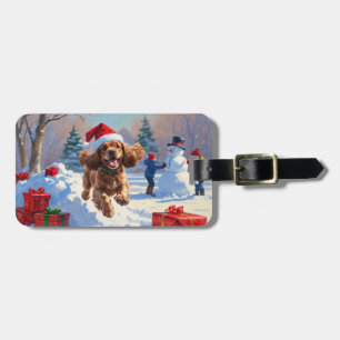 Étiquette À Bagage Cocker Spaniel courant dans la neige avec un chape