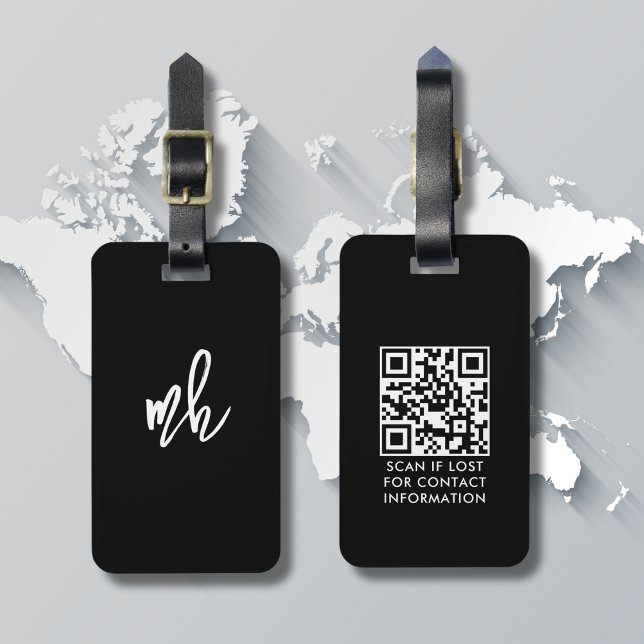 Étiquette À Bagage Code QR personnalisé Monogramme minimum noir et bl (Créateur téléchargé)