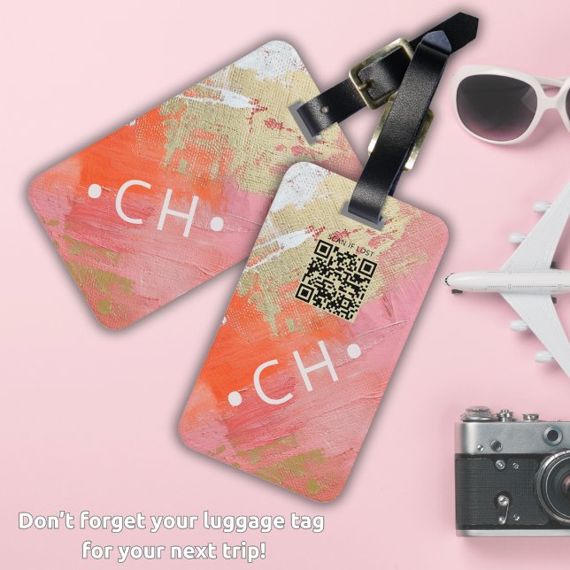 Étiquette À Bagage Code QR personnalisé Monogramme Or rose moderne (Créateur téléchargé)