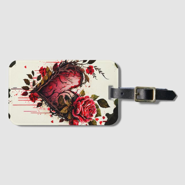 Étiquette À Bagage Coeur avec fleurs d'aquarelle rouge roses carte d' (Devant Horizontal)