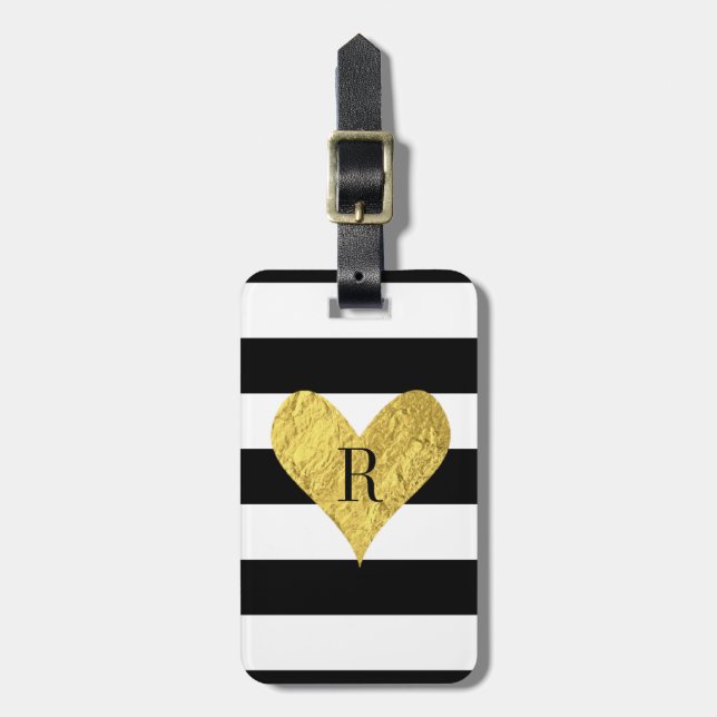 Étiquette À Bagage Coeur de feuille d'or de monogramme (Devant Vertical)