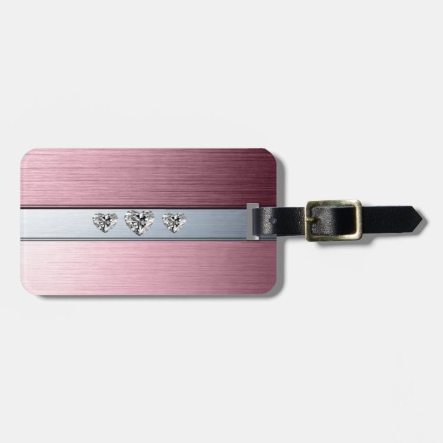 Étiquette À Bagage coeur diamant sur arrière - plan argenté rose pâle (Devant horizontal)