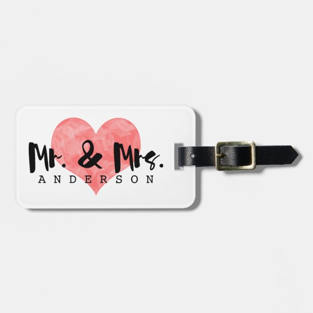 Étiquette À Bagage Coeur empilé Rustique M & Mme Monogram (Devant horizontal)