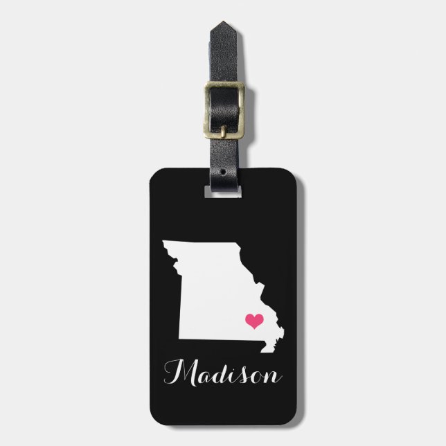 Étiquette À Bagage Coeur noir et rose personnalisé État du Missouri (Devant Vertical)